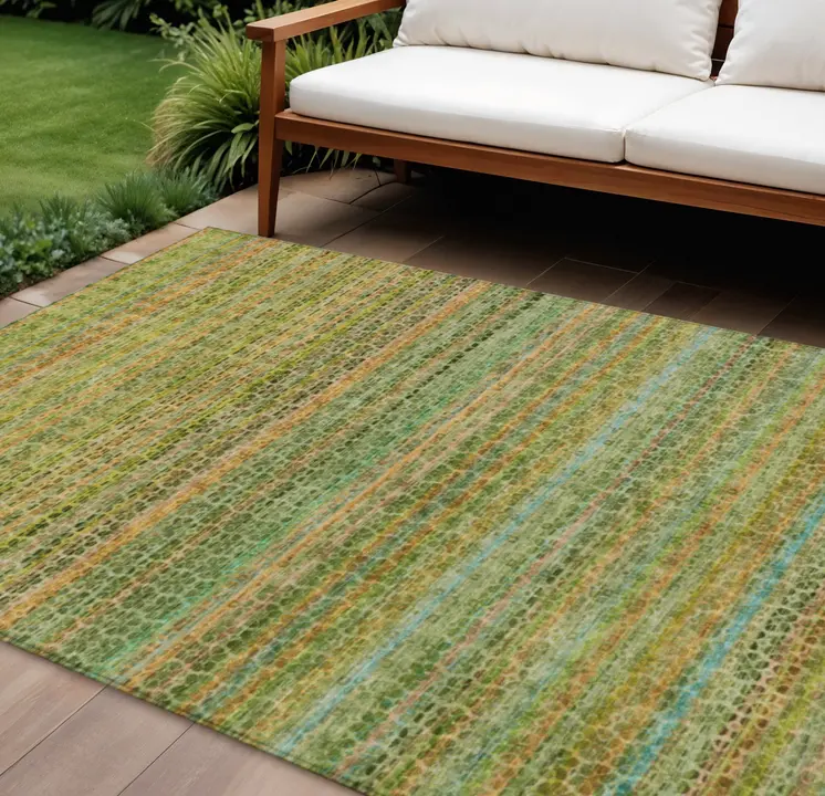 9' X 12' Green Copper And Teal Blue Striped Washable Indoor Outdoor Area Rug