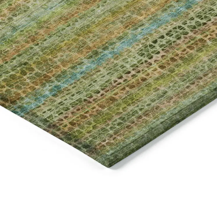 9' X 12' Green Copper And Teal Blue Striped Washable Indoor Outdoor Area Rug