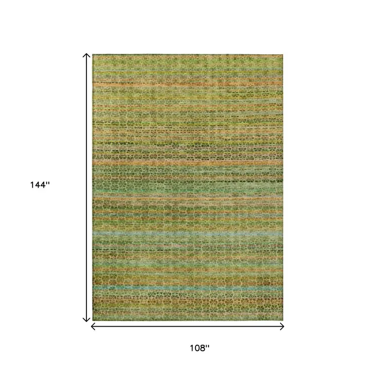9' X 12' Green Copper And Teal Blue Striped Washable Indoor Outdoor Area Rug