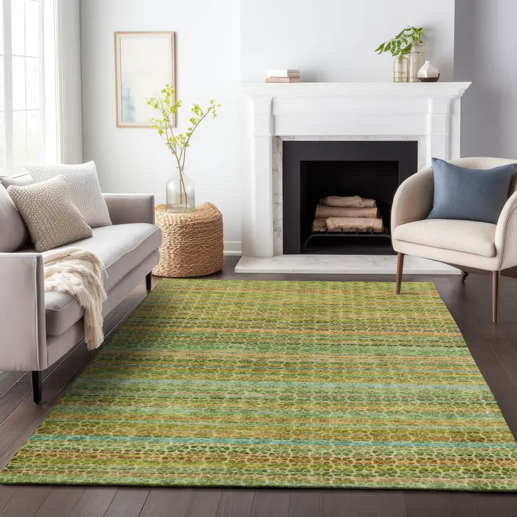 9' X 12' Green Copper And Teal Blue Striped Washable Indoor Outdoor Area Rug