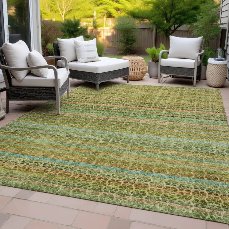 9' X 12' Green Copper And Teal Blue Striped Washable Indoor Outdoor Area Rug