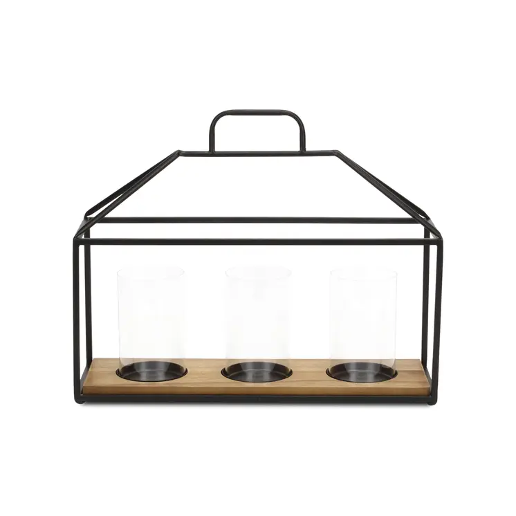 15" Black Metal Glass And Wood Geometric Three Light Hurricane Candle Holder
