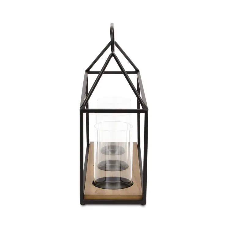 15" Black Metal Glass And Wood Geometric Three Light Hurricane Candle Holder