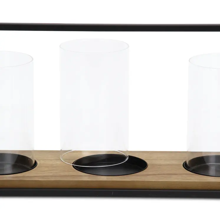 15" Black Metal Glass And Wood Geometric Three Light Hurricane Candle Holder