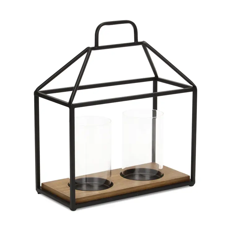 15" Black Metal Glass And Wood Geometric Two Light Hurricane Candle Holder