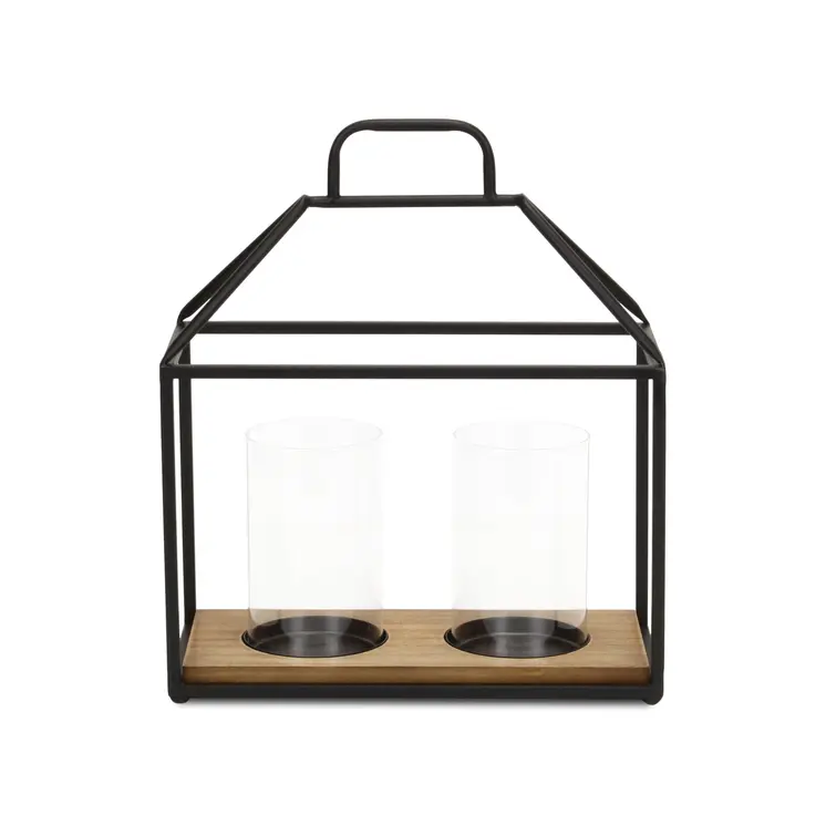 15" Black Metal Glass And Wood Geometric Two Light Hurricane Candle Holder