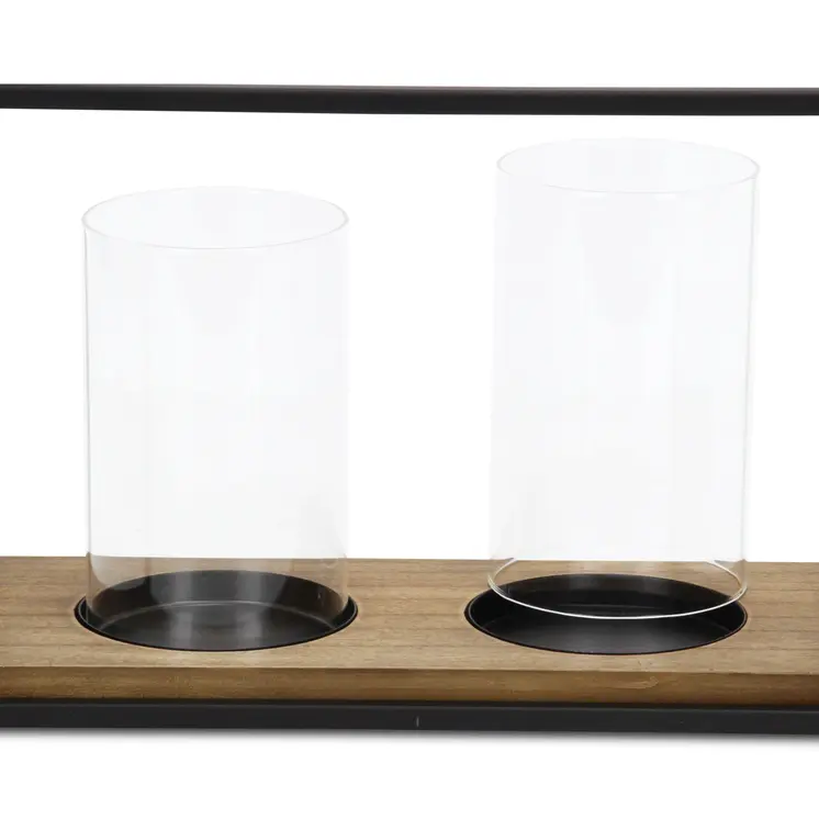 15" Black Metal Glass And Wood Geometric Two Light Hurricane Candle Holder