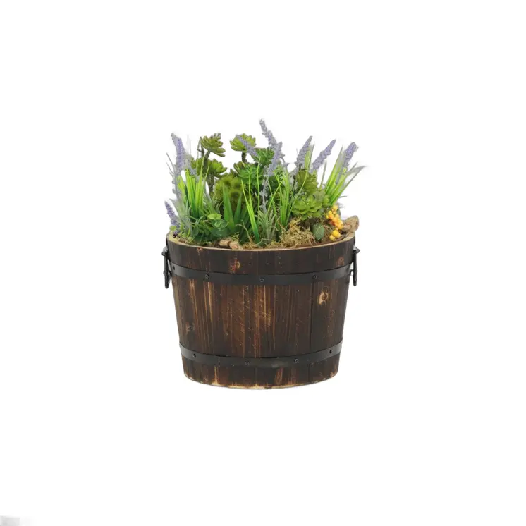 Brown Wood 400 Ounce Round Distressed Planter Box