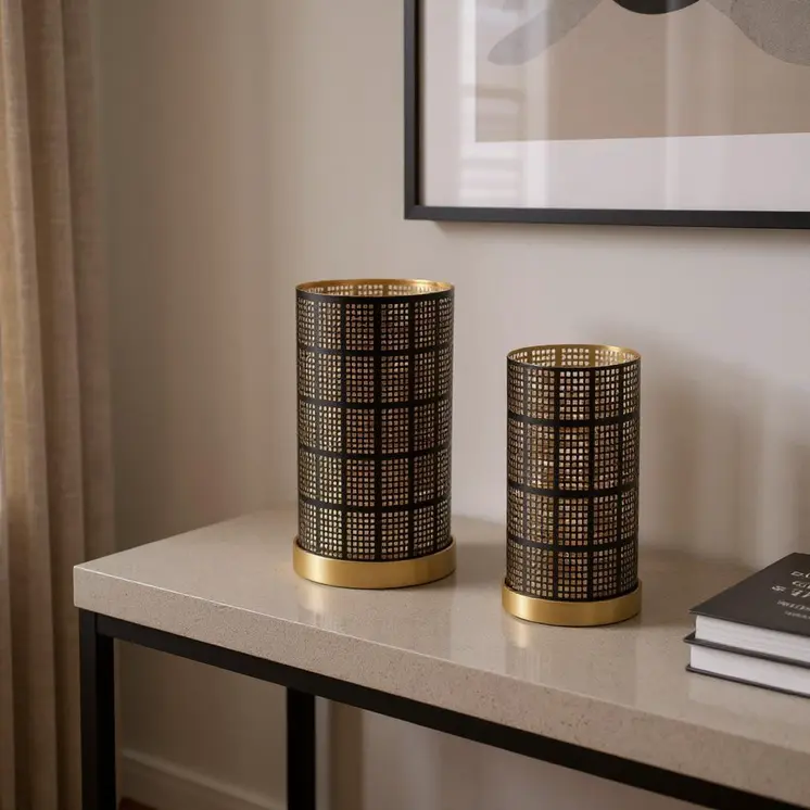 Set of Two Black And Gold Abstract Metal Tabletop Pillar Candle Holders