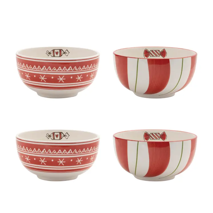 Set of Four 6" Red And White Ceramic Christmas Round Candy or Nut Bowls