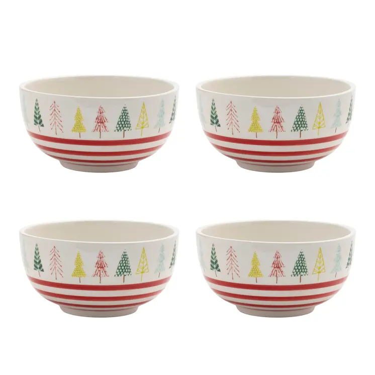 Set of Four 6" White Green And Red Ceramic Christmas Trees Round Candy or Nut Bowls