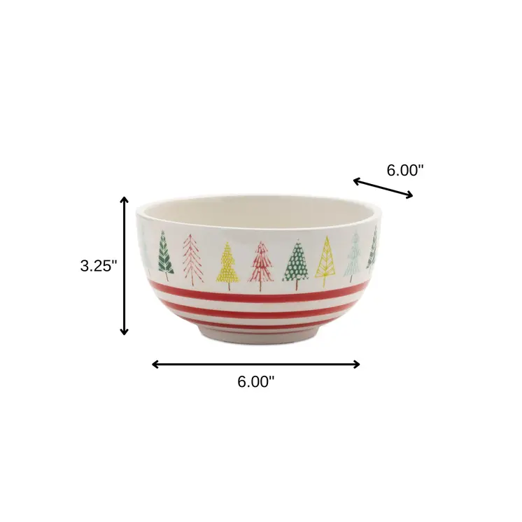 Set of Four 6" White Green And Red Ceramic Christmas Trees Round Candy or Nut Bowls