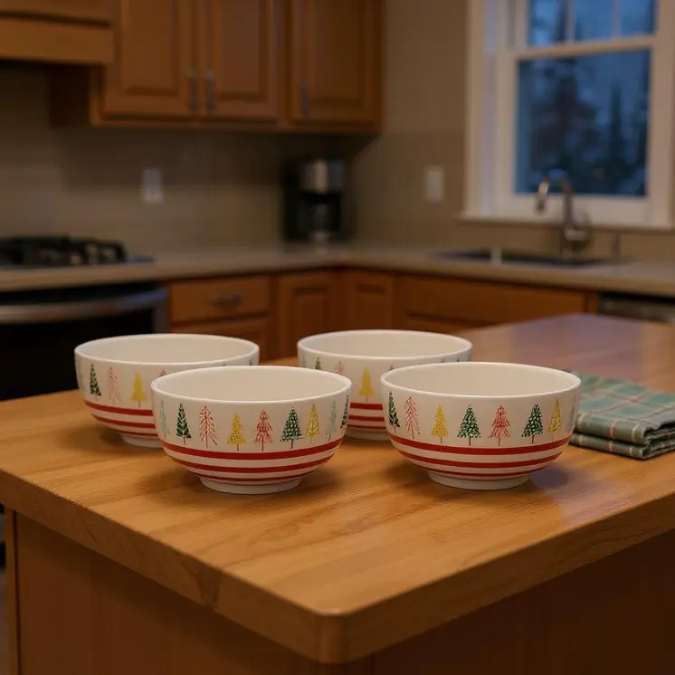 Set of Four 6" White Green And Red Ceramic Christmas Trees Round Candy or Nut Bowls