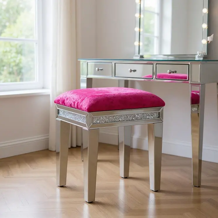 18" Pink And Silver Velvet Mirrored Glass And Faux Crystal Vanity Chair