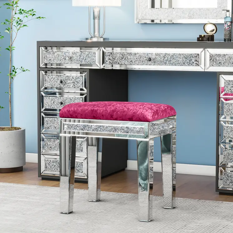 18" Pink And Silver Velvet Mirrored Glass And Faux Crystal Vanity Chair
