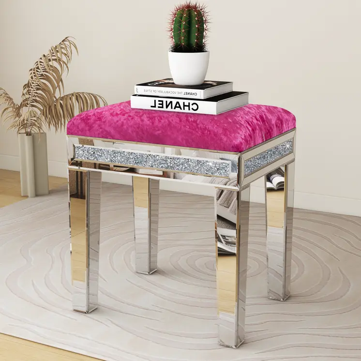 18" Pink And Silver Velvet Mirrored Glass And Faux Crystal Vanity Chair