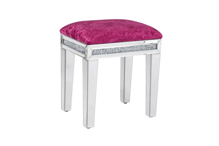 18" Pink And Silver Velvet Mirrored Glass And Faux Crystal Vanity Chair