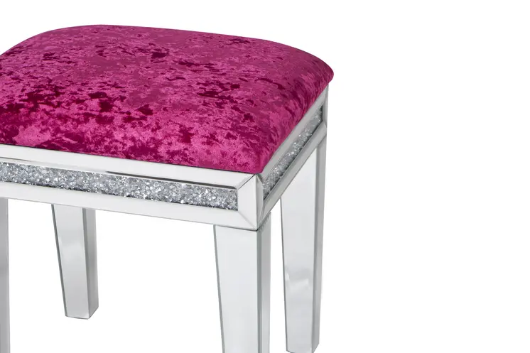 18" Pink And Silver Velvet Mirrored Glass And Faux Crystal Vanity Chair