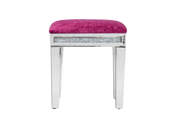 18" Pink And Silver Velvet Mirrored Glass And Faux Crystal Vanity Chair