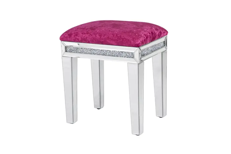 18" Pink And Silver Velvet Mirrored Glass And Faux Crystal Vanity Chair