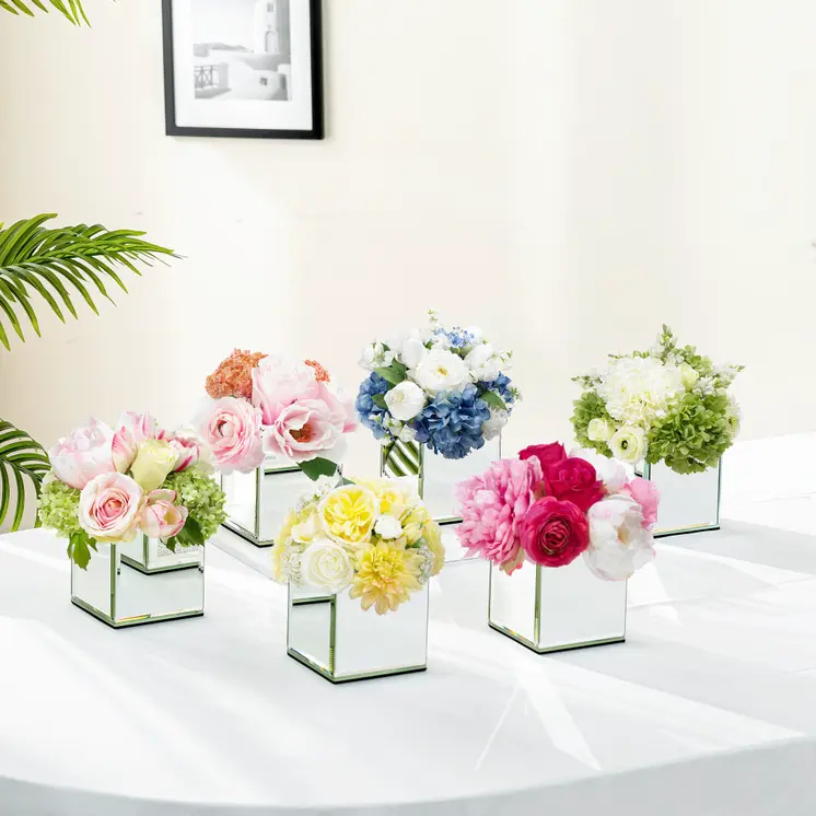 Set of Six Silver Crystal And Mirrored Glass Square Table Vases With Crystals