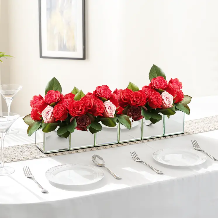 Set of Six Silver Crystal And Mirrored Glass Square Table Vases With Crystals