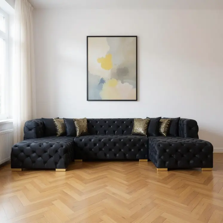 Tufted Black Velvet Modular U Shaped Sofa and Chaise Sectional With Toss Pillows