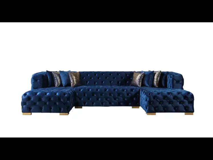 Tufted Blue Velvet Modular U Shaped Sofa and Chaise Sectional With Toss Pillows