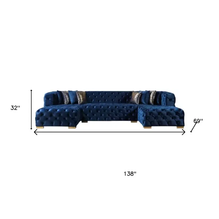 Tufted Blue Velvet Modular U Shaped Sofa and Chaise Sectional With Toss Pillows