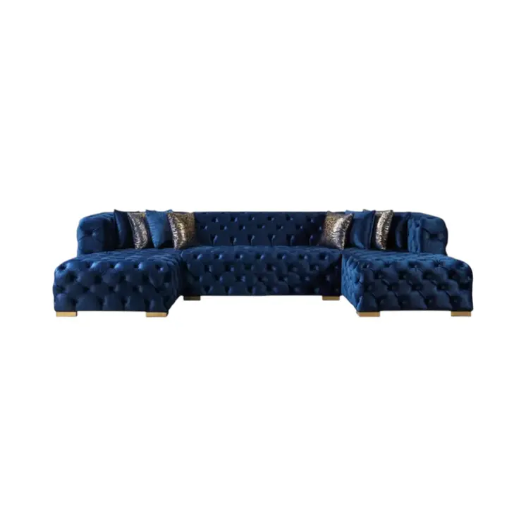 Tufted Blue Velvet Modular U Shaped Sofa and Chaise Sectional With Toss Pillows