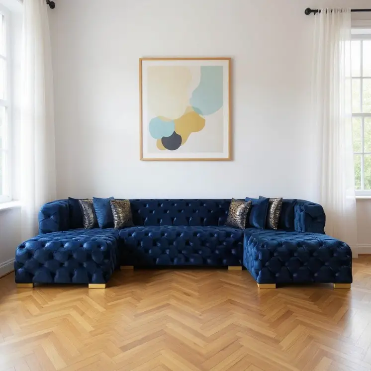 Tufted Blue Velvet Modular U Shaped Sofa and Chaise Sectional With Toss Pillows