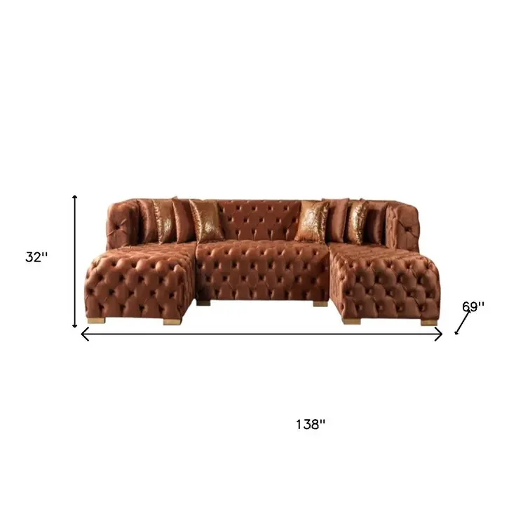 Tufted Orange Velvet Modular U Shaped Sofa and Chaise Sectional With Toss Pillows
