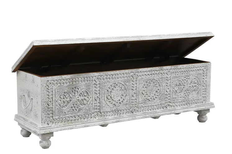 54" White Solid Wood Medallion Storage Ottoman