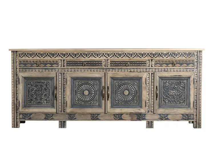 102" Natural And Black Distressed Solid Wood Carved Geometric Four Drawer Sideboard with Four Doors