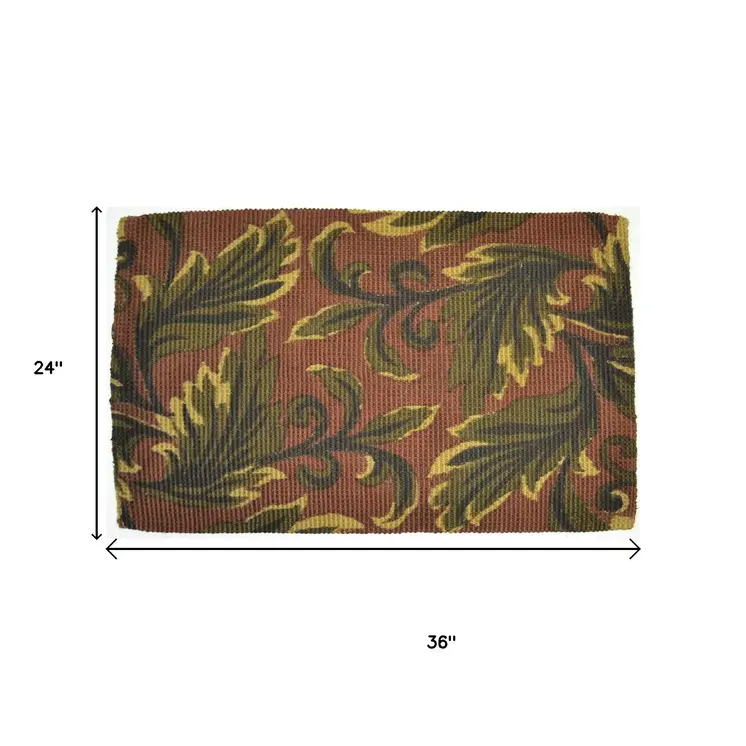 2' X 3' Brown And Green Jute Botanical Leaves Hand Woven Area Rug