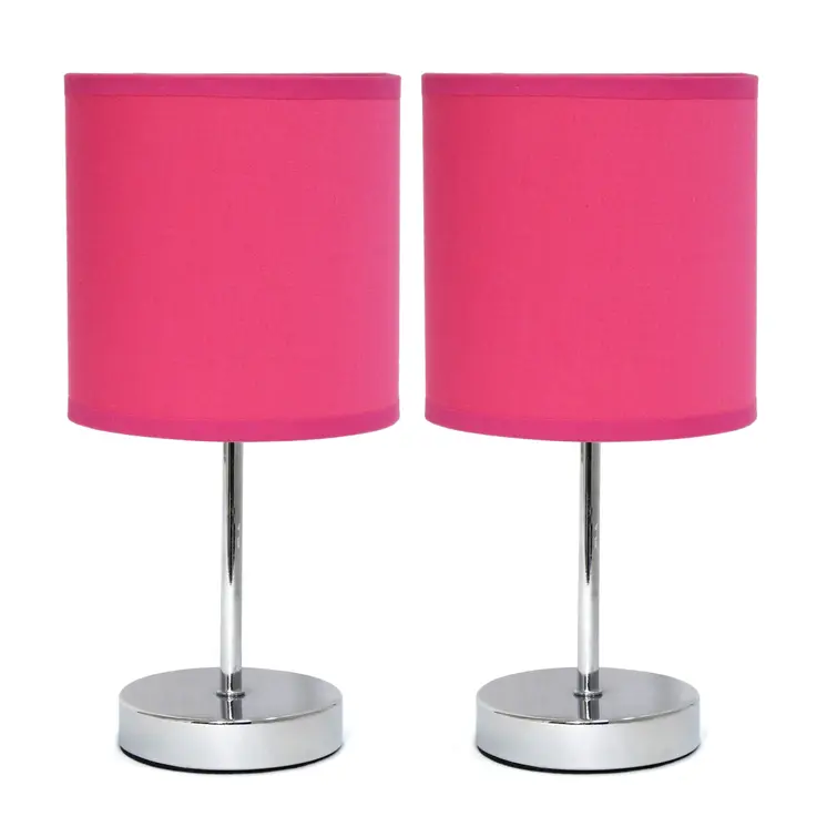 Set of Two 12" Silver Metal Table Lamp With Hot Pink Drum Shade