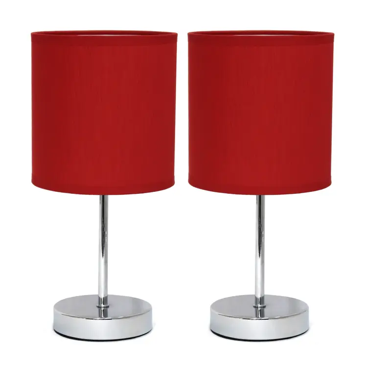 Set of Two 12" Silver Metal Table Lamp With Red Drum Shade