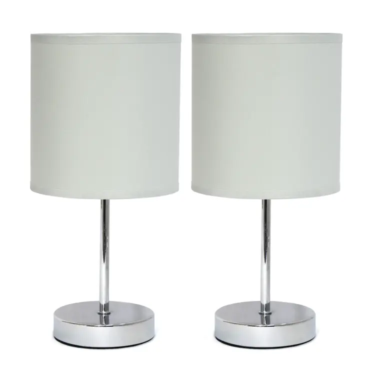 Set of Two 12" Silver Metal Table Lamp With Slate Gray Drum Shade