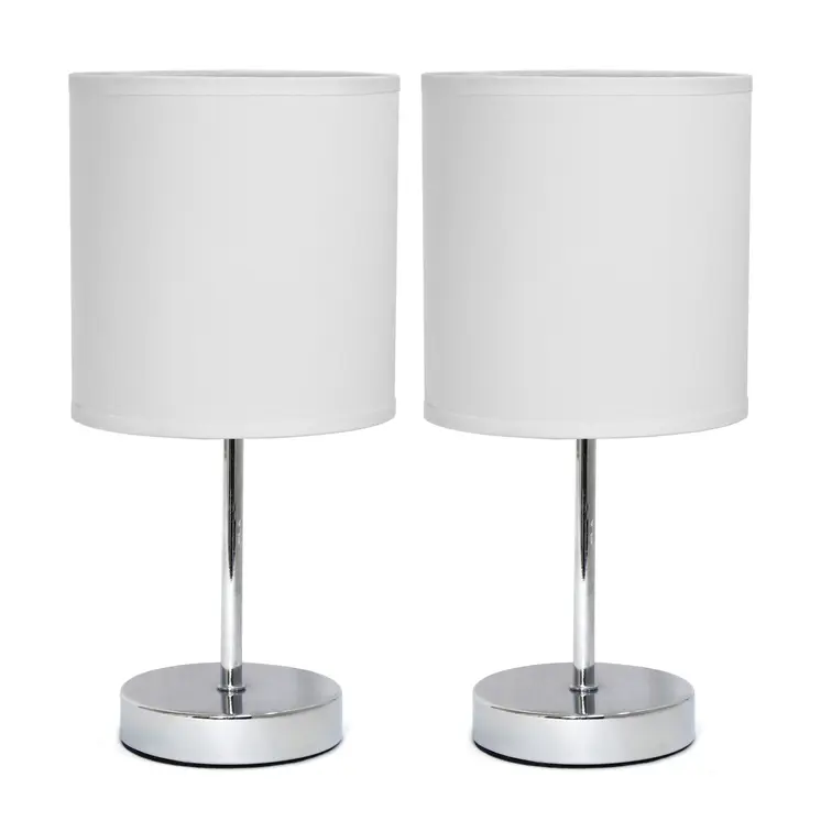 Set of Two 12" Silver Metal Table Lamp With White Drum Shade