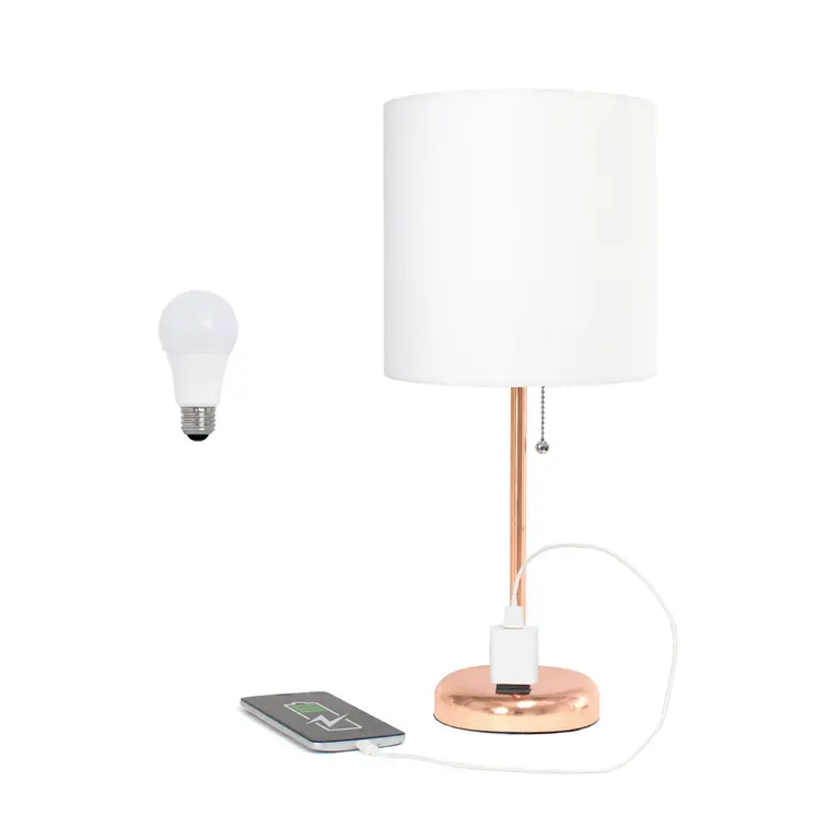 20" Rose Gold Metal Table Lamp LED With White Drum Shade