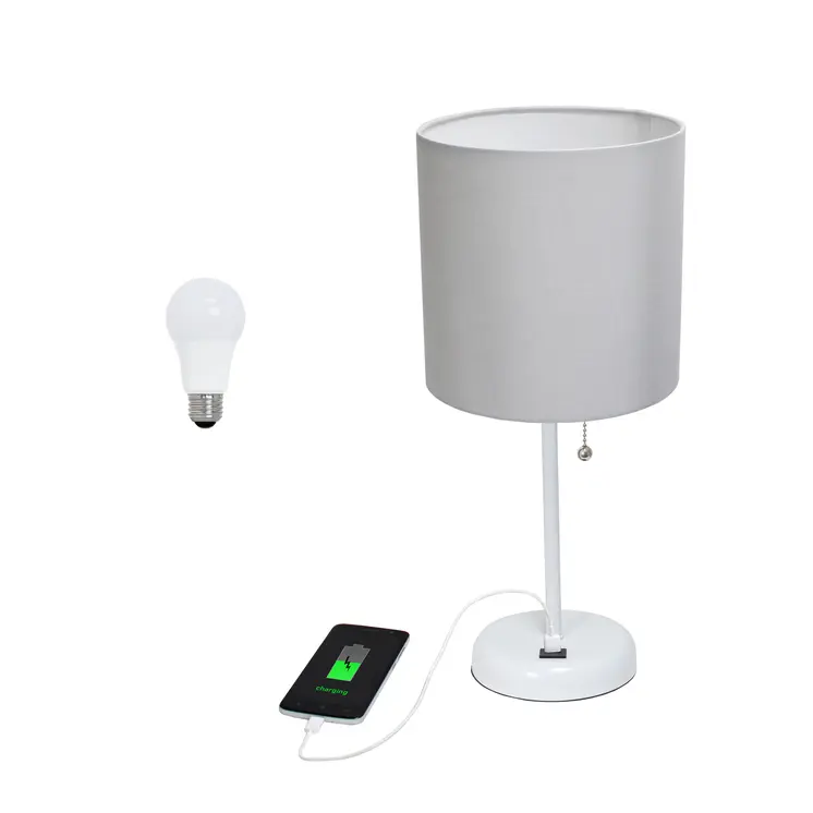 20" White Metal USB Table Lamp LED With Gray Drum Shade
