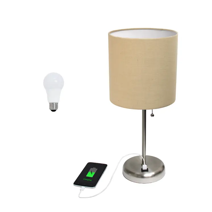 20" Silver Metal USB Table Lamp LED With Tan Drum Shade