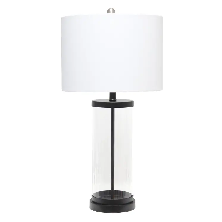 28" Black Glass And Metal Table Lamp With White Drum Shade