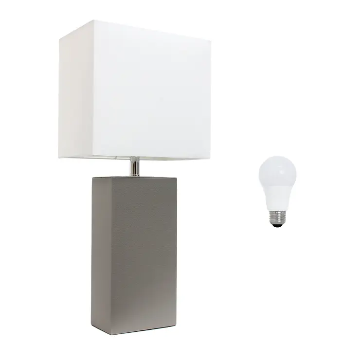 21" Gray Faux Leather Table Lamp LED With White Shade