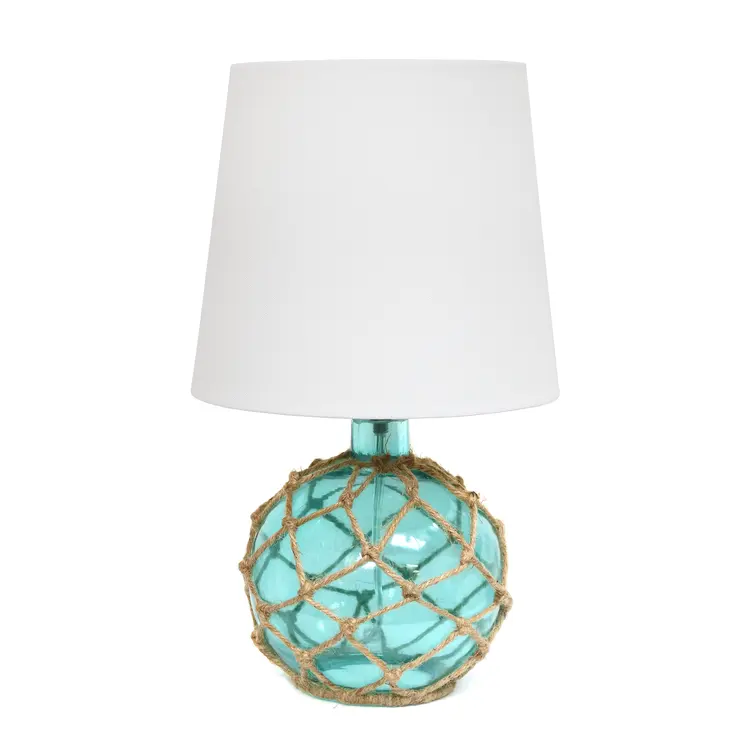 15" Aqua Glass Round Table Lamp With White Drum Shade