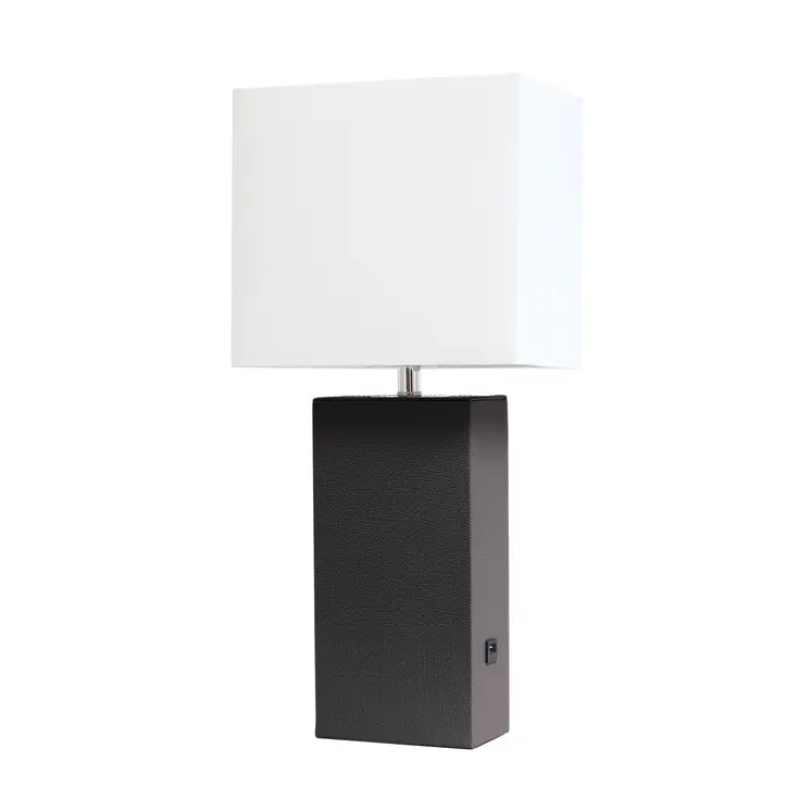 21" Espresso Faux Leather USB Table Lamp LED With White Shade