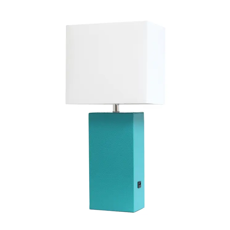 21" Teal Blue Faux Leather USB Table Lamp LED With White Shade