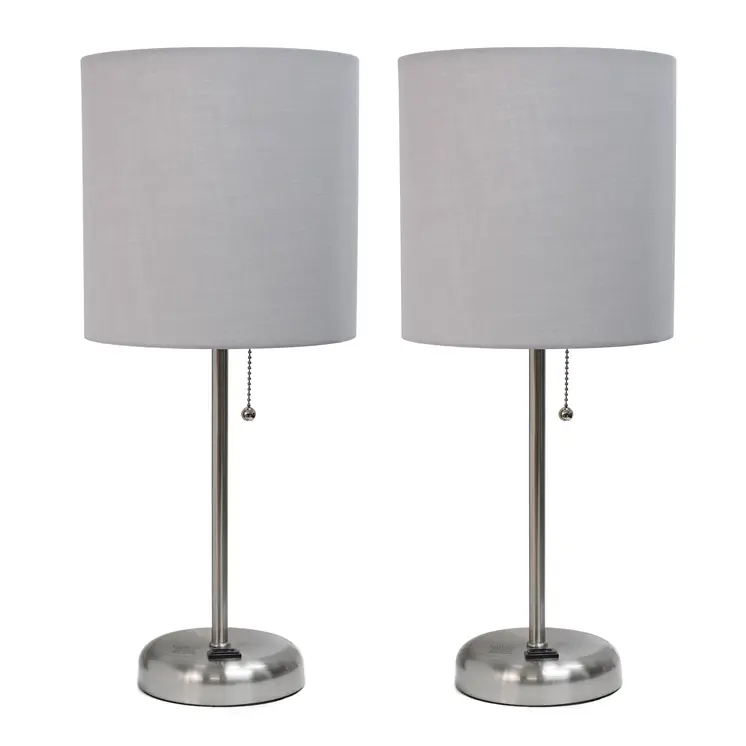 Set of Two 20" Silver Metal Table Lamp With Gray Drum Shade