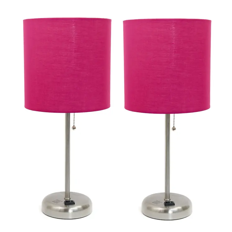 Set of Two 20" Silver Metal Table Lamp With Pink Drum Shade