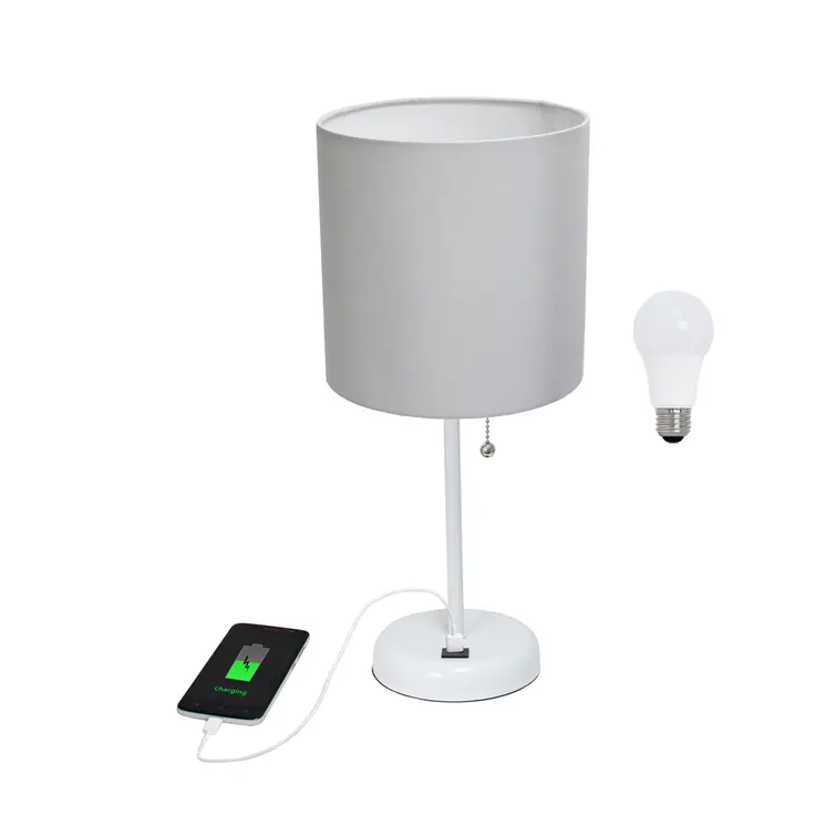 20" White Metal USB Table Lamp LED With Gray Drum Shade